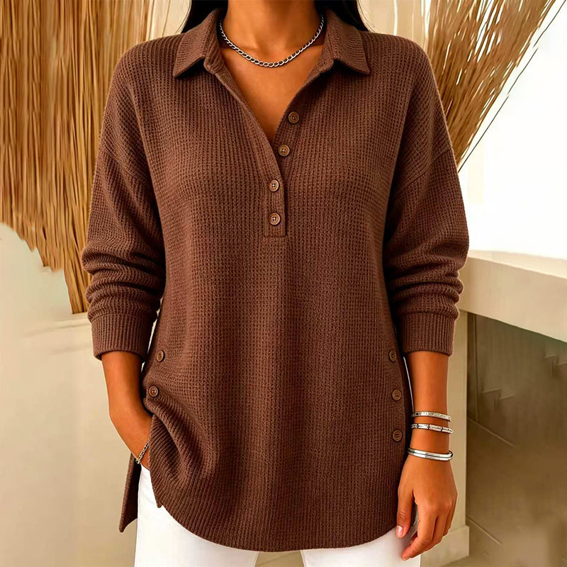 Haut femme en maille gaufrée à col polo et boutons