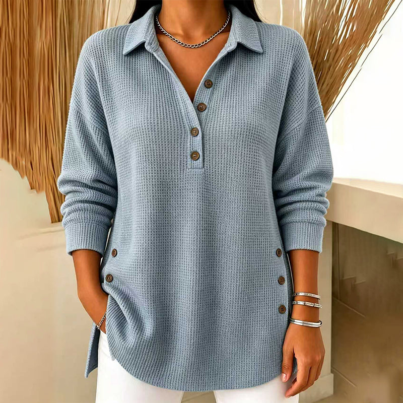 Haut femme en maille gaufrée à col polo et boutons