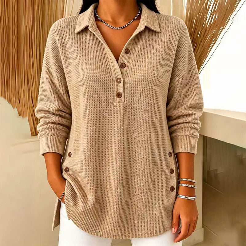 Haut femme en maille gaufrée à col polo et boutons