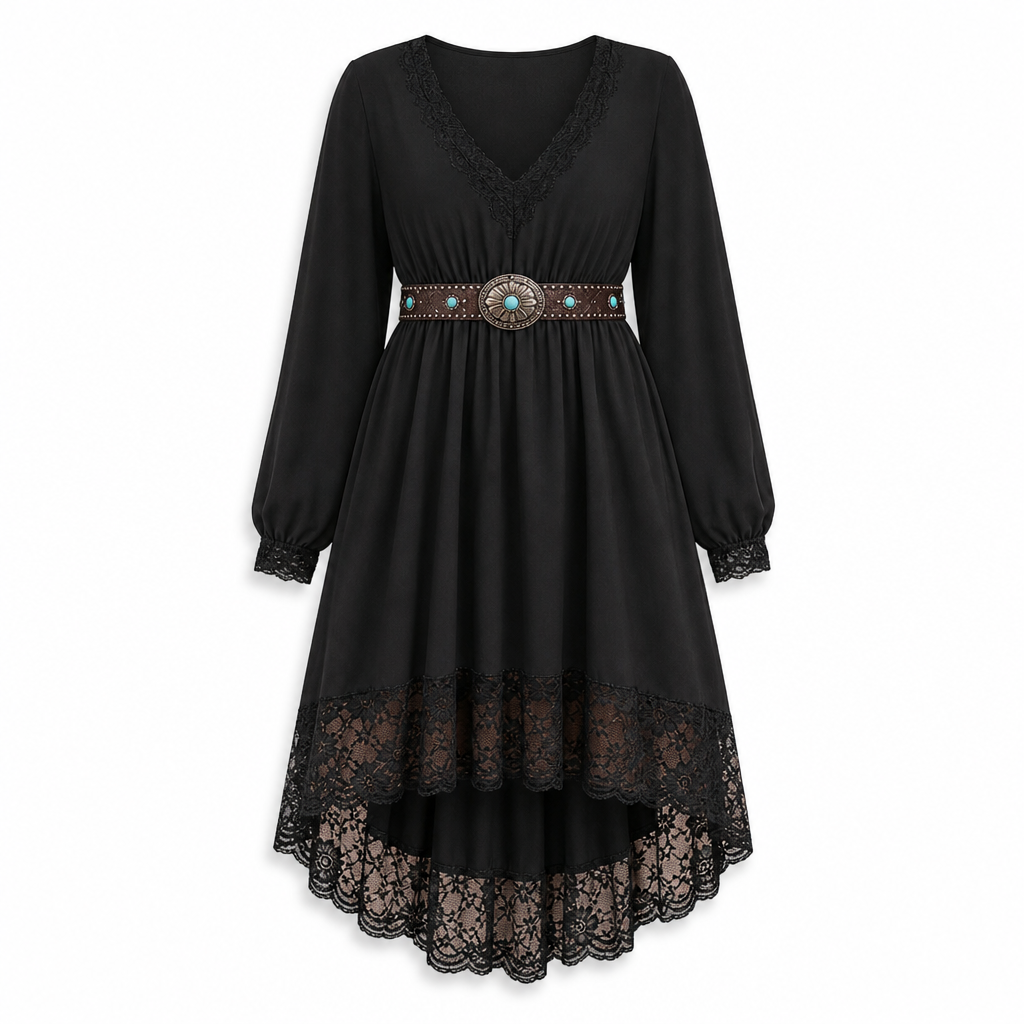 Robe midi femme asymétrique à dentelle et col V