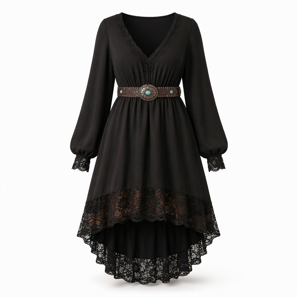 Robe midi femme asymétrique à dentelle et col V