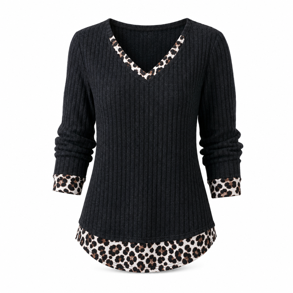 Pull femme en maille côtelée à col V et effet superposé