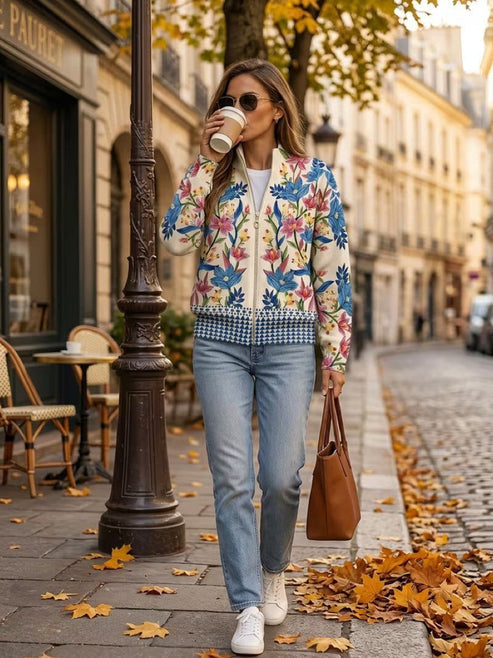 Cardigan femme zippé à imprimé floral