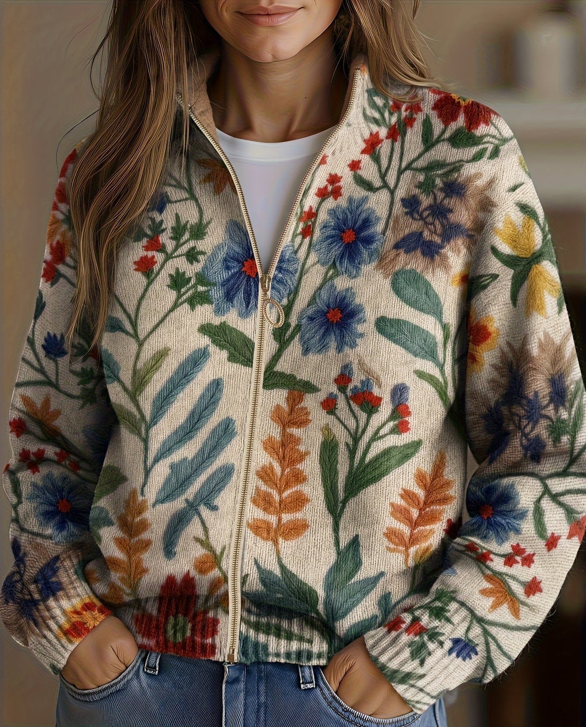 Cardigan femme zippé à imprimé floral