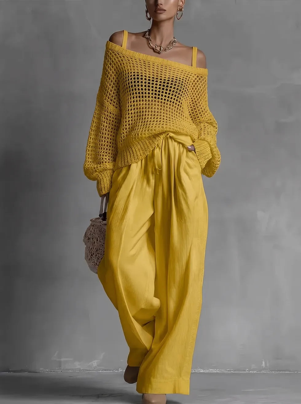 Ensemble femme deux pièces avec pull ajouré et pantalon large