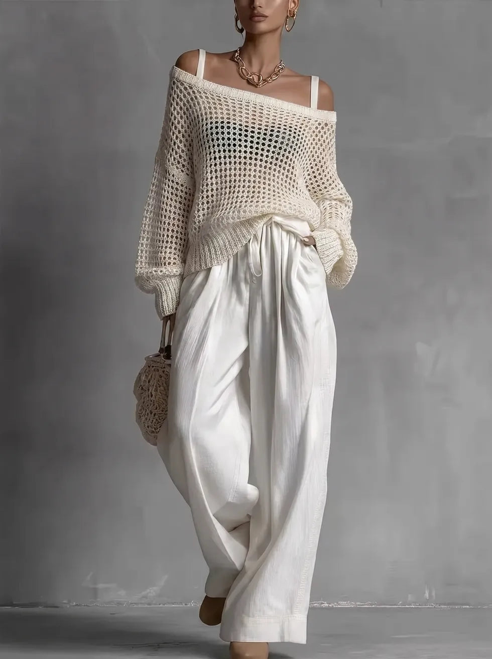 Ensemble femme deux pièces avec pull ajouré et pantalon large