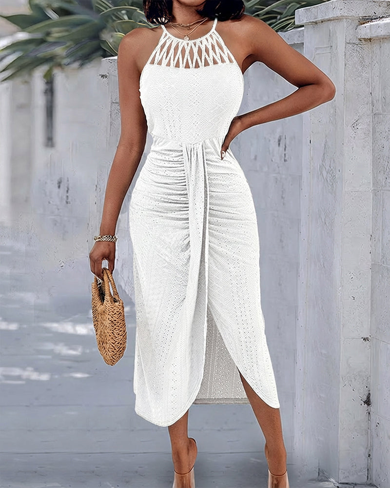 Robe Midi Femme Jacquard Ajouré Halter avec Fente Chic