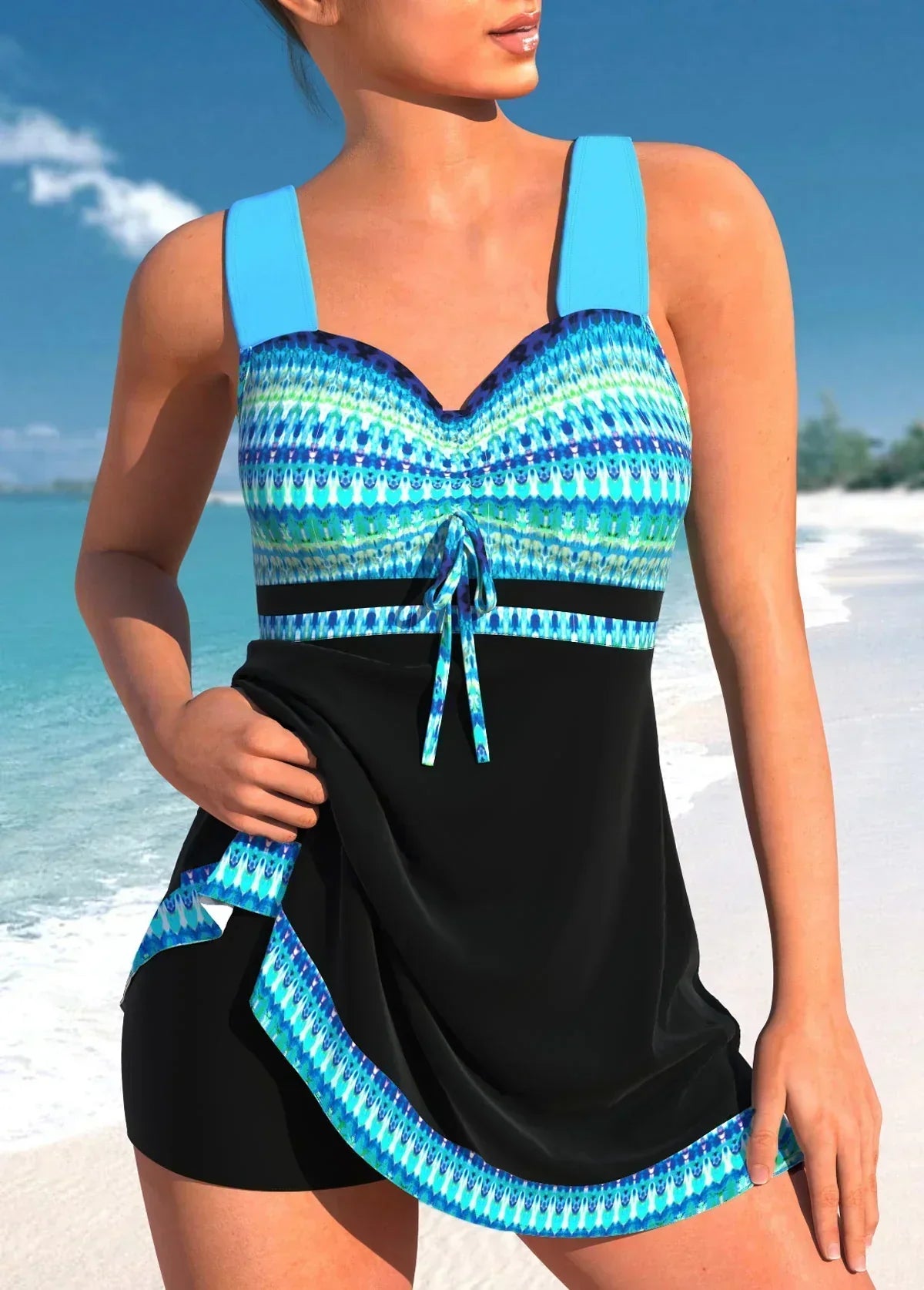 Tankini femme gainant à imprimé ethnique avec short intégré