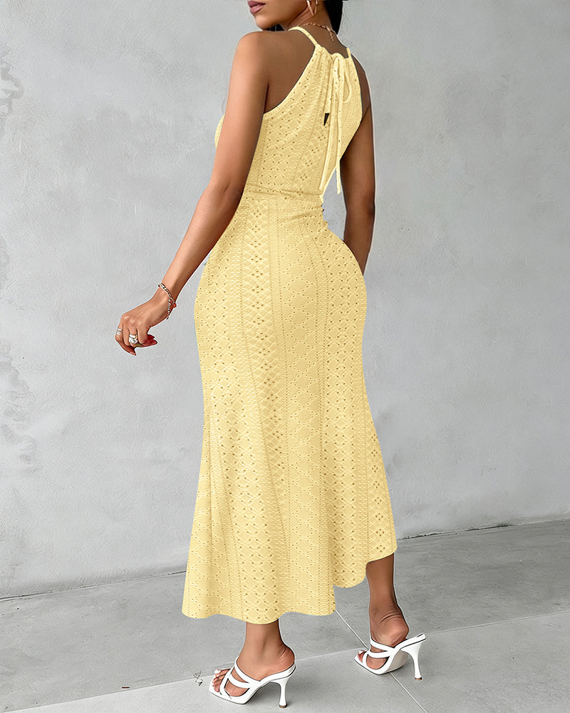 Robe Midi Femme Jacquard Ajouré Halter avec Fente Chic