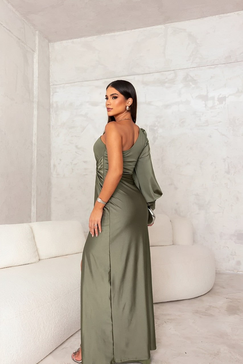 Robe femme longue asymétrique satin fente haute une épaule – élégante soirée