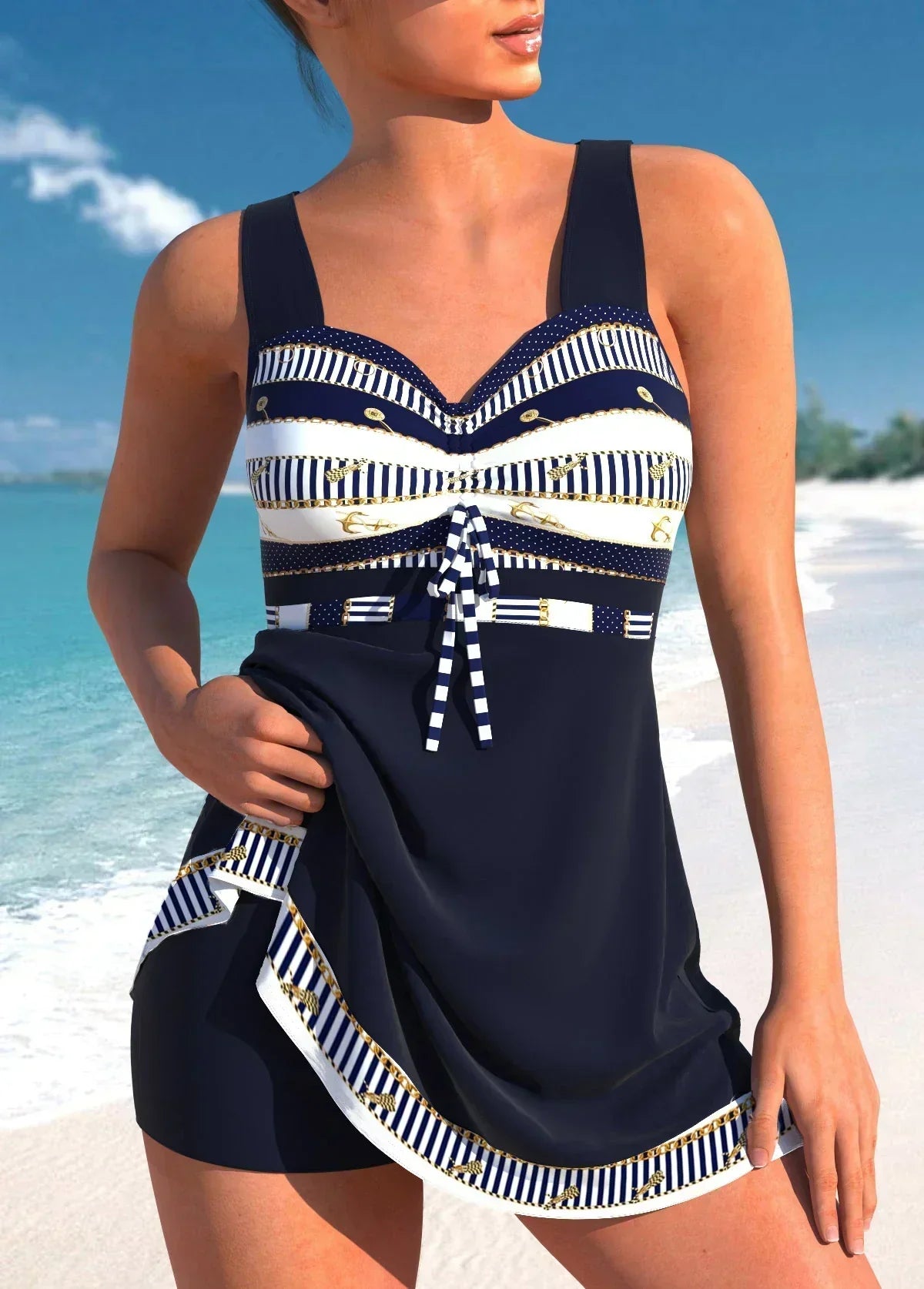 Tankini femme gainant à imprimé ethnique avec short intégré